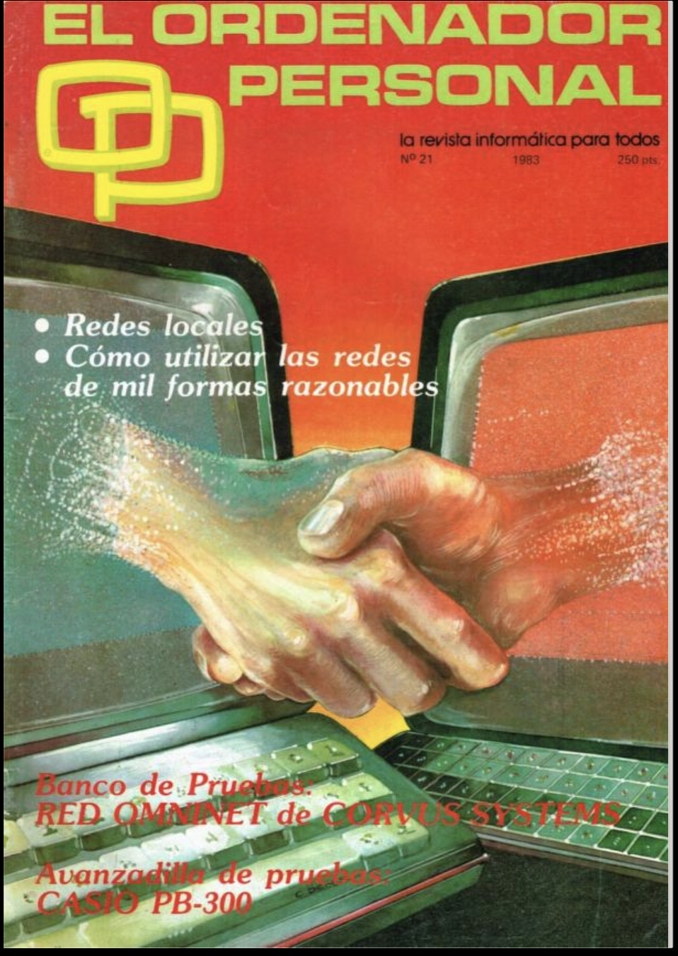 El ordenador personal cover shows two PCs with real hands reaching out from each of their screens and shaking hands