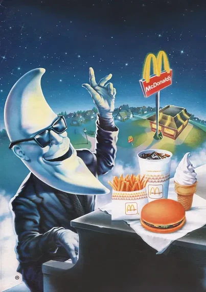 moon man plays a panio with burger, fries, soft drink and ice cream cone on top. He is in the sky over a town with a glowing McDonalds 
