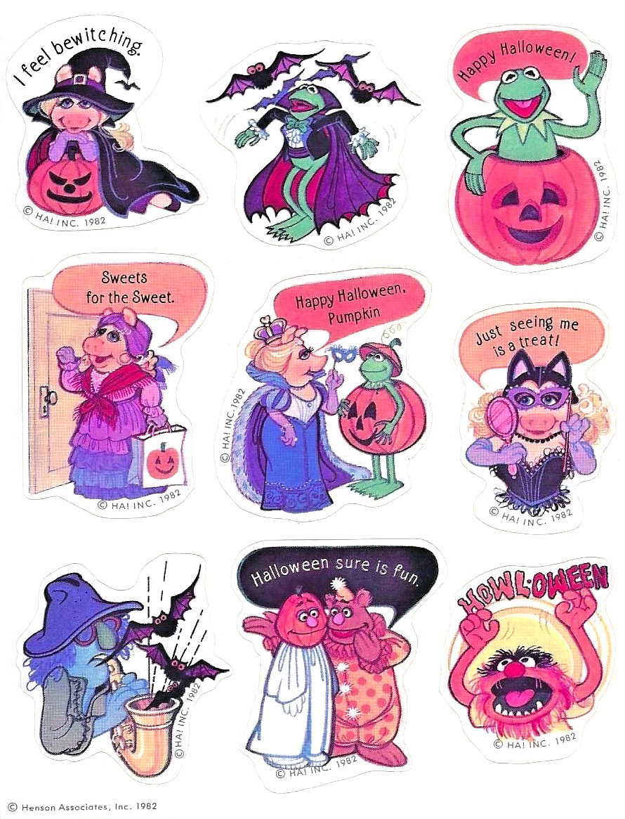 There are nine stickers in this set. The majority of them are either Miss piggy or Kermit the Frog. They wear costumes like a gypsy a jack Latin a vampire. The bottom three panels have Fonzi bear one of the musicians playing a saxophone with bats coming out of it and animal screaming Halloween