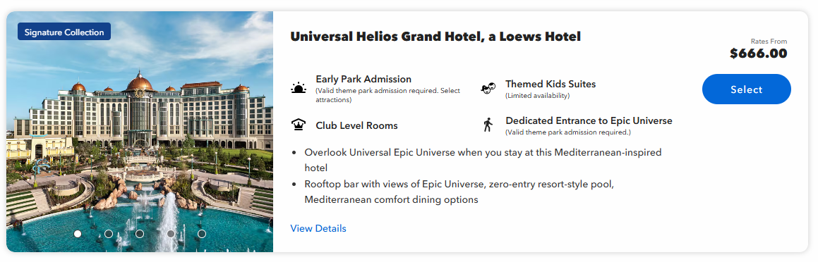 Screenshot of a booking hotel site selection for "Universal Helios Grand Hotel, a Loews Hotel" with price of $666