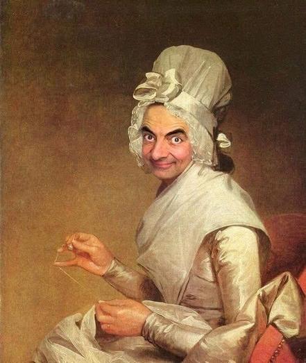 Portrait of Catherine Brass Yates by Gilbert Stuart. Shows a woman in 1700s clothing, in a white dress and white shawl, wearing a very tall white hat, sewing something and looking sideways at the viewer. But this version has the comedic face of actor "Mr. Bean" and "Blackadder" star Rowan Atkinson instead of the lady's.

Classic art manipulation by "Rodney Pike Art,"  who has a large collection of similarly altered classic images. 
https://www.rodneypikeart.com/product/john-singer-sargent-mrs-frank-millet-bean-2539-x-3492/