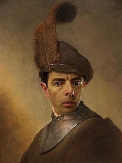 Famous portrait by Rembrandt, formerly called "Portrait of Rembrandt's Father." It shows a man in a brown post-Rennaisance suit. He is wearing a brown cap with an extremely tall brown feather sticking up in it. But in this version, the man's face has been replaced by that of actor Rowan Atkinson (Mr. Bean and Blackadder). 

Classic art manipulation by "Rodney Pike Art,"  who has a large collection of similarly altered classic images. 
https://www.rodneypikeart.com/product/john-singer-sargent-mrs-frank-millet-bean-2539-x-3492/