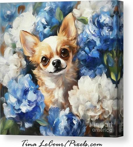 This is a canvas of a sweet chihuahua dog named Peanut posing in some spring blue and white peony flowers.