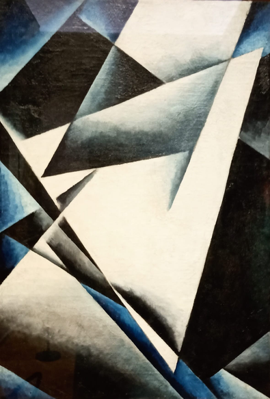 abstraktes Gemälde aus geometrischen Figuren in Blau und Grautönen
