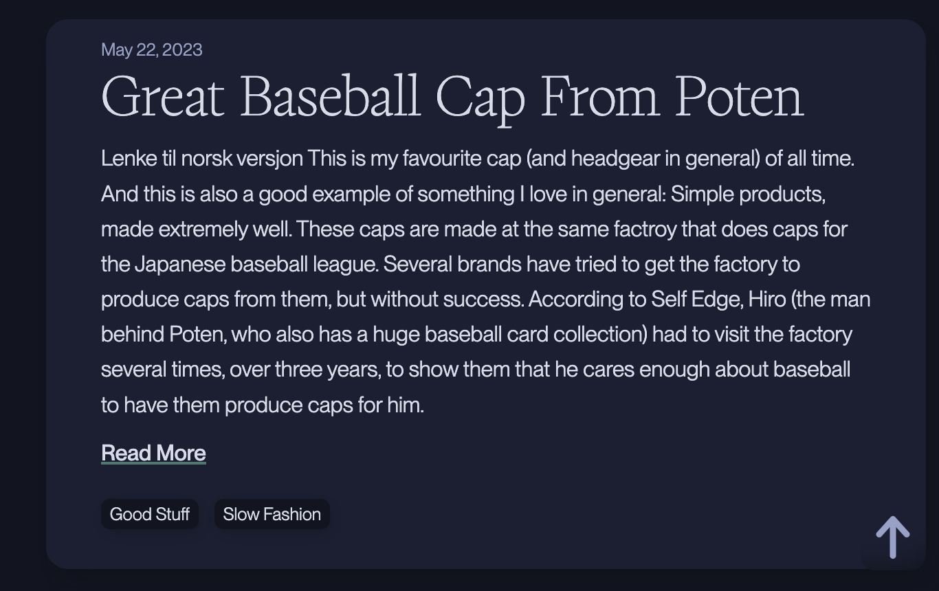 The blog post is called «Great Baseball Cap from Poten», and you can see the summary, a «read more» button and the tags «Good Stuff» and «Slow Fashion» (and no «English» tag).