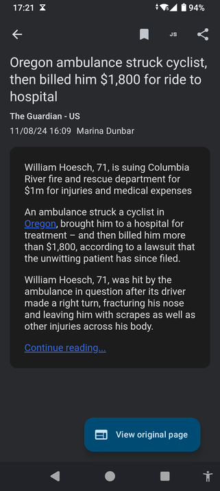 Oregon ambulance struck cyclist, then charged him $1800 for ride to the hospital.