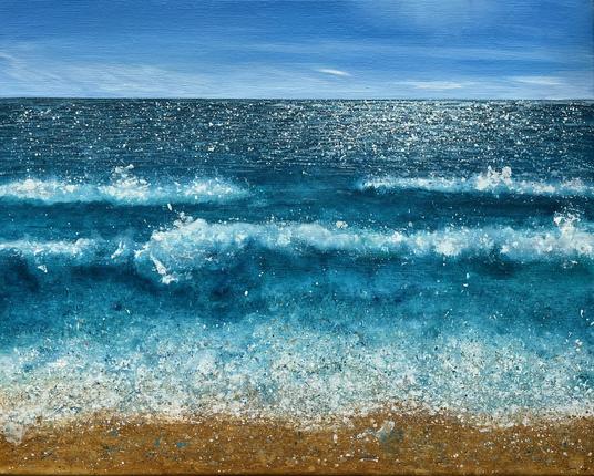 An acrylic painting of the sea looking out from a sandy beach. Waves are breaking on the shore. The sun sparkles on the water and wispy clouds lie on the horizon.