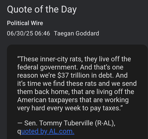 Quote of Senator Tuberville (Republican, Alabama) calling immigrants rats.