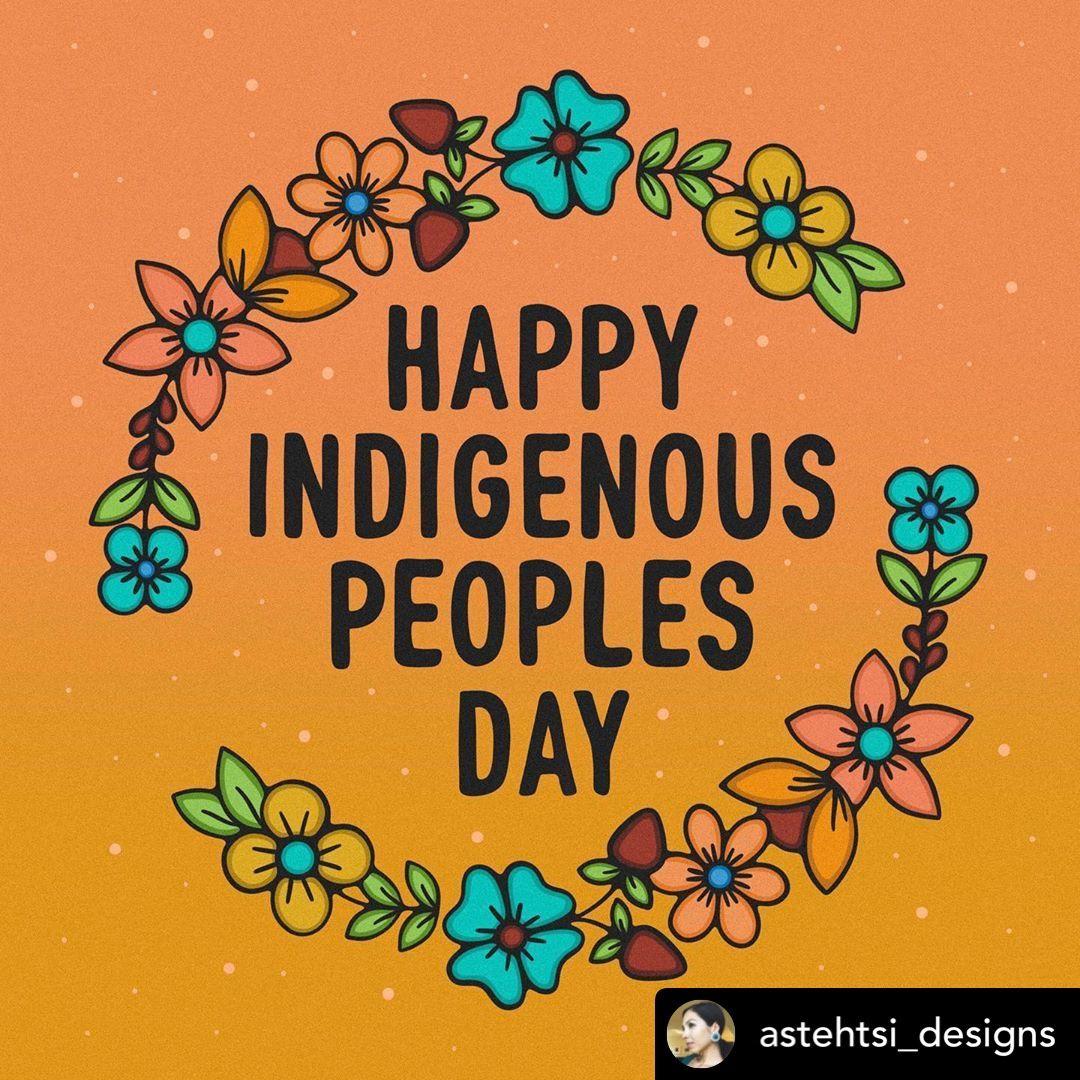 Two chains of flowers top and bottom forming an open circle again a tan background around the words Happy Indigenous Peoples Day