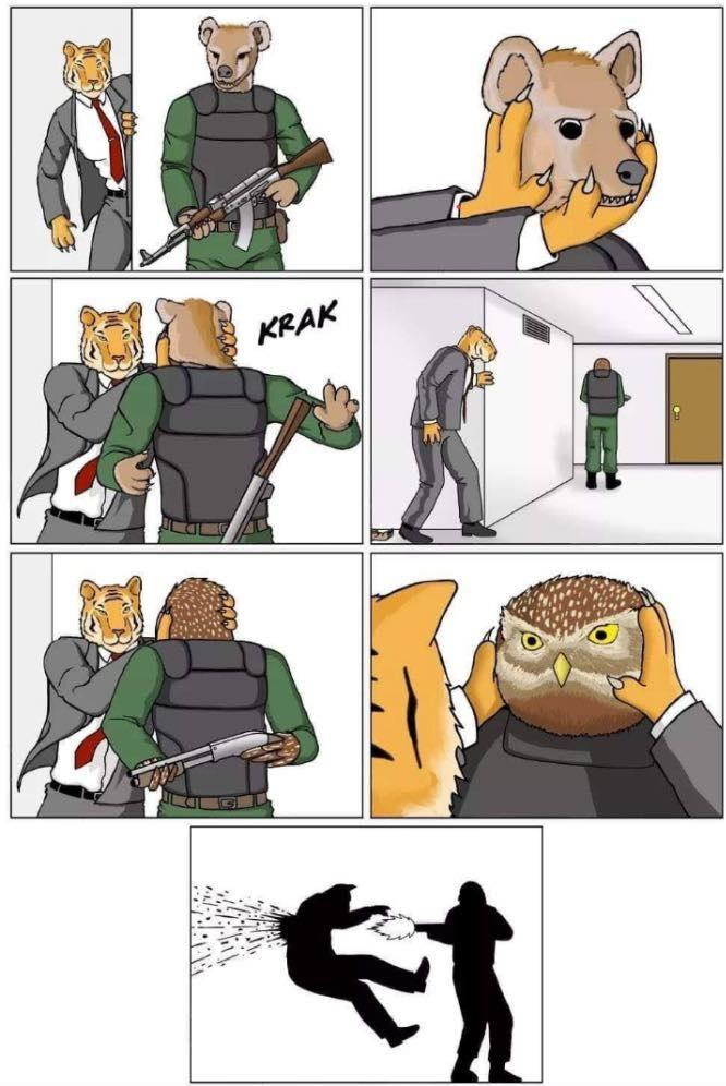 Super Tiger Spy Man sneaks up behind Wolf Guard. STSM grabs the guard's head and twists, breaking his neck. STSM sneaks up behind another guard, grabs their head and twists. Turns out this was Owl Guard, who is unaffected and just shoots him.