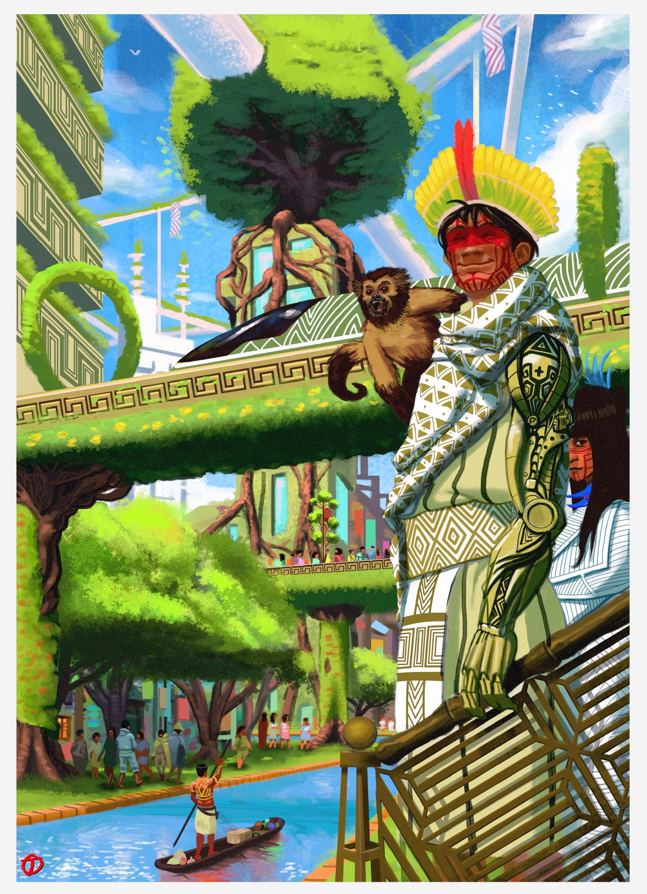 A vision of a futuristic Amazonian city - with a river, a character with a robotic arm, lots of trees and sky walkways