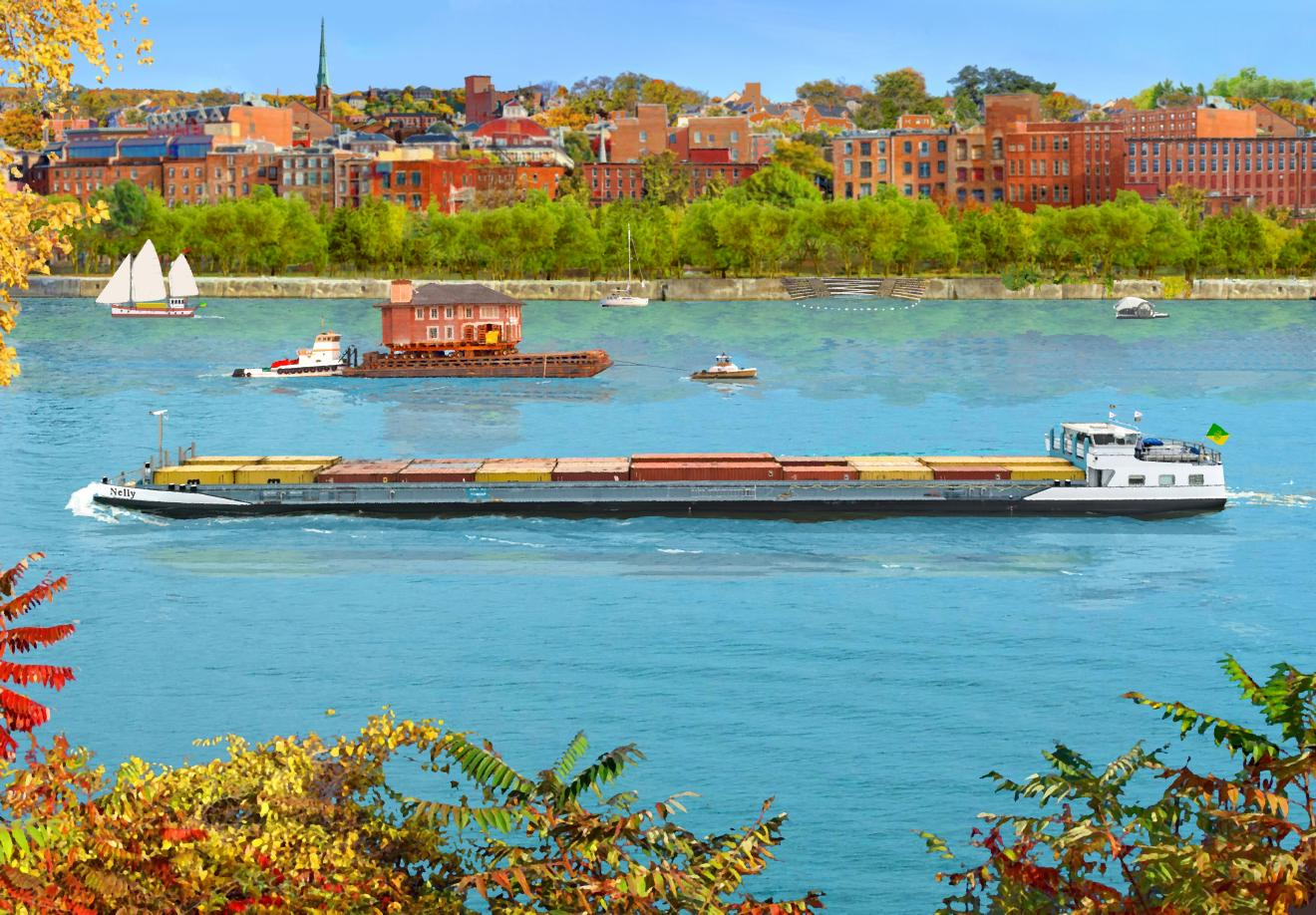 A river with extremely long transport barges carrying cargo container, or, in the background - a whole brick-and-mortar house!