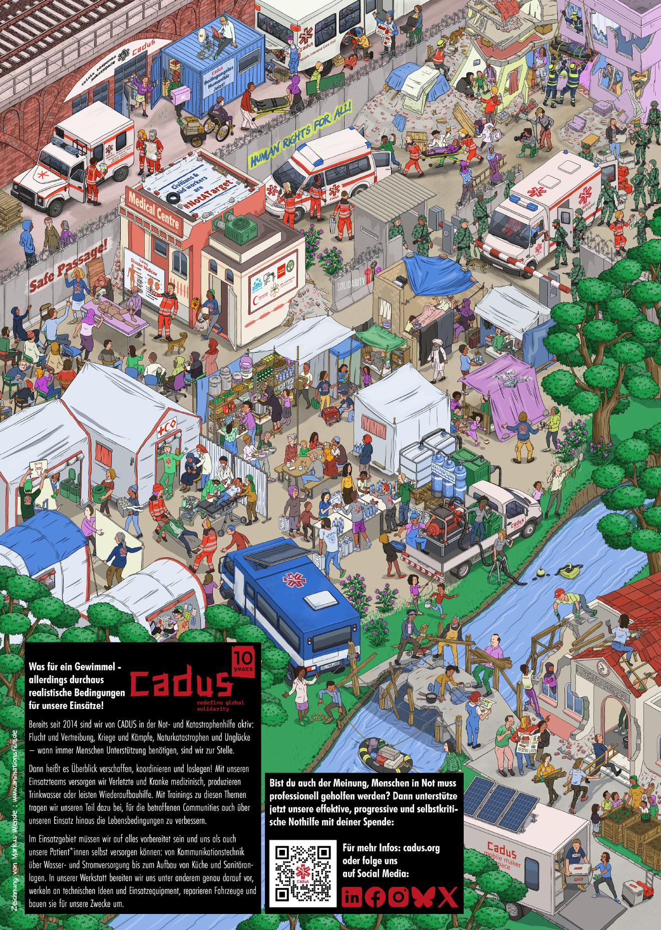 An incredibly intricate "Where's Wally?" style poster showing different kinds of Disaster Relief and Response as practiced by the Cadus organization