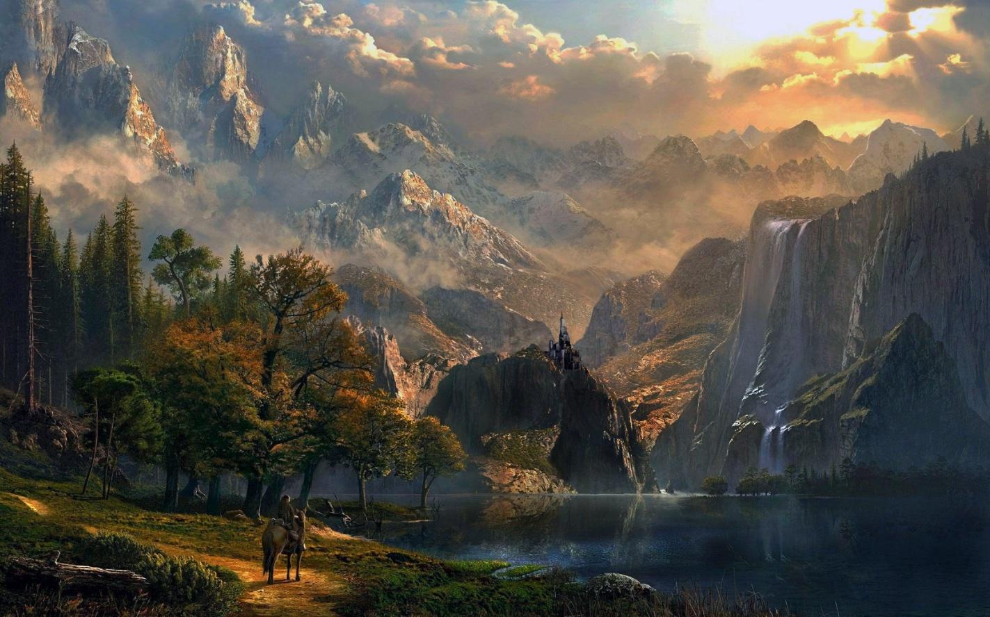 The image is a landscape painting in the style of Albert Bierstadt. On the right is a still lake and towering cliffs with waterfalls behind. To the left is a dirt road beside the lake, a woman on a brown horse paused to take in the view, an autumn forest  dominated by evergreens behind. At center, upon a massive bluff overlooking the lake, is a black castle. In the background, towering, jagged peaks reach towards a stormy sky, the sinking sun dropping beneath the clouds.