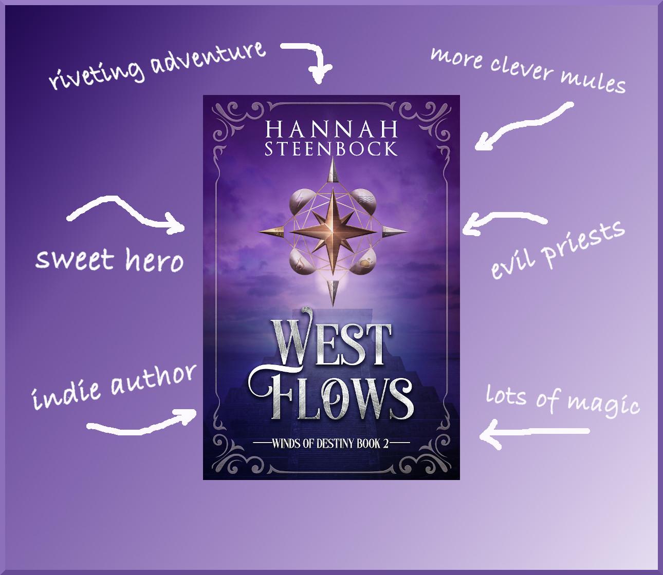 Keywords matrix for “West Flows”, by Hannah Steenbock. 

The purple-rose-colored cover shows an Aztec Pyramid, with an ocean’s waves behind it. Above the pyramid, a silver compass rose hovers in a ball of energy, with four points and four bubbles between them. 

Grouped around the cover are the following keywords: riveting adventure, more clever mules, sweet hero, evil priests, lots of magic, award-winning indie author.