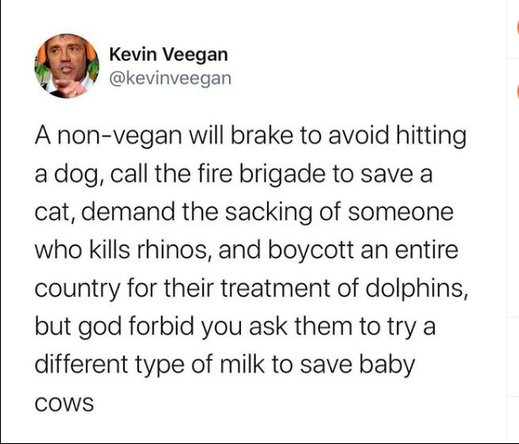 Kevin Veegan @kevinveegan

A non-vegan will brake to avoid hitting
a dog, call the fire brigade to save a
cat, demand the sacking of someone
who kills rhinos, and boycott an entire
country for their treatment of dolphins,
but god forbid you ask them to try a
different type of milk to save baby
cows
