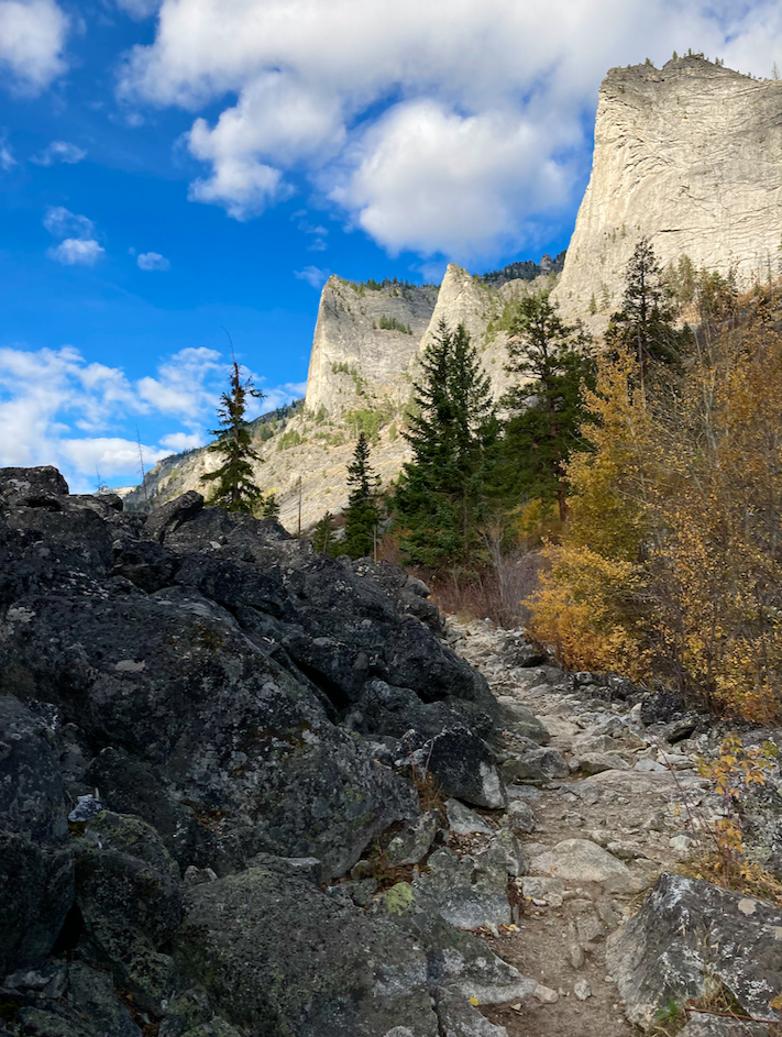 A trail skirts the edge of huge talus on the left, passing between it and the brush on the right with gold leaves, but also evergreens mixed in. High to the right are a series of spires that reach towards the partly cloudy sky.