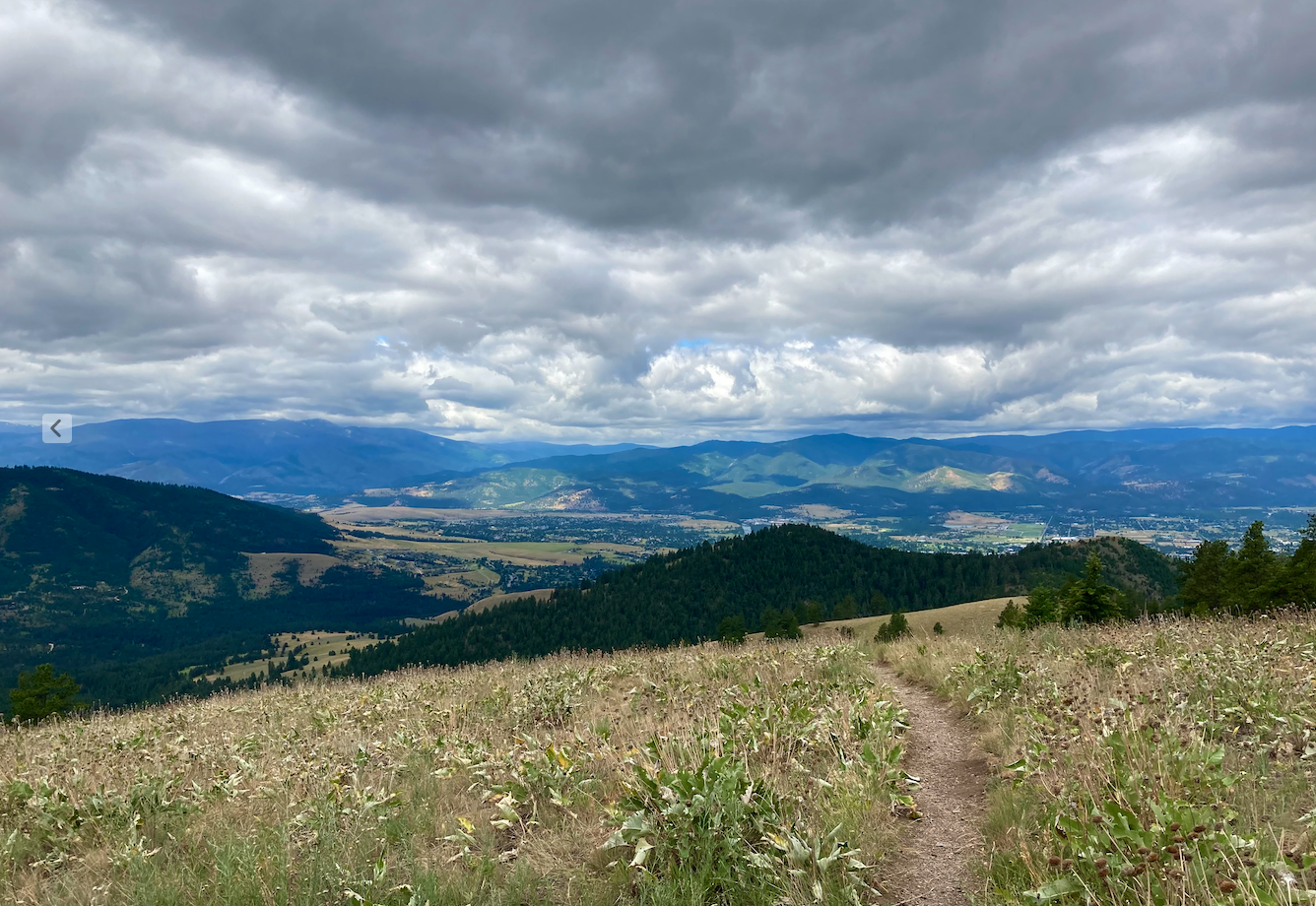 High in the mountains, a trail is visible through the gold grasses where nothing else grows, the view unrestricted and show a broad valley below. In the distance is another mountain range beneath a cloudy sky.