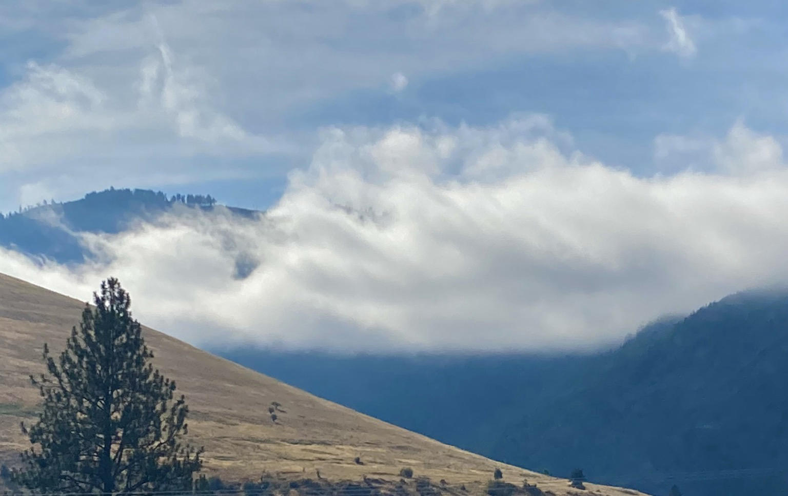 Beyond a mountain’s grassy slope on the left, clouds sit between woody peaks that are silhouetted. Above those thick clouds, the clouds are thin, blue sky visible.