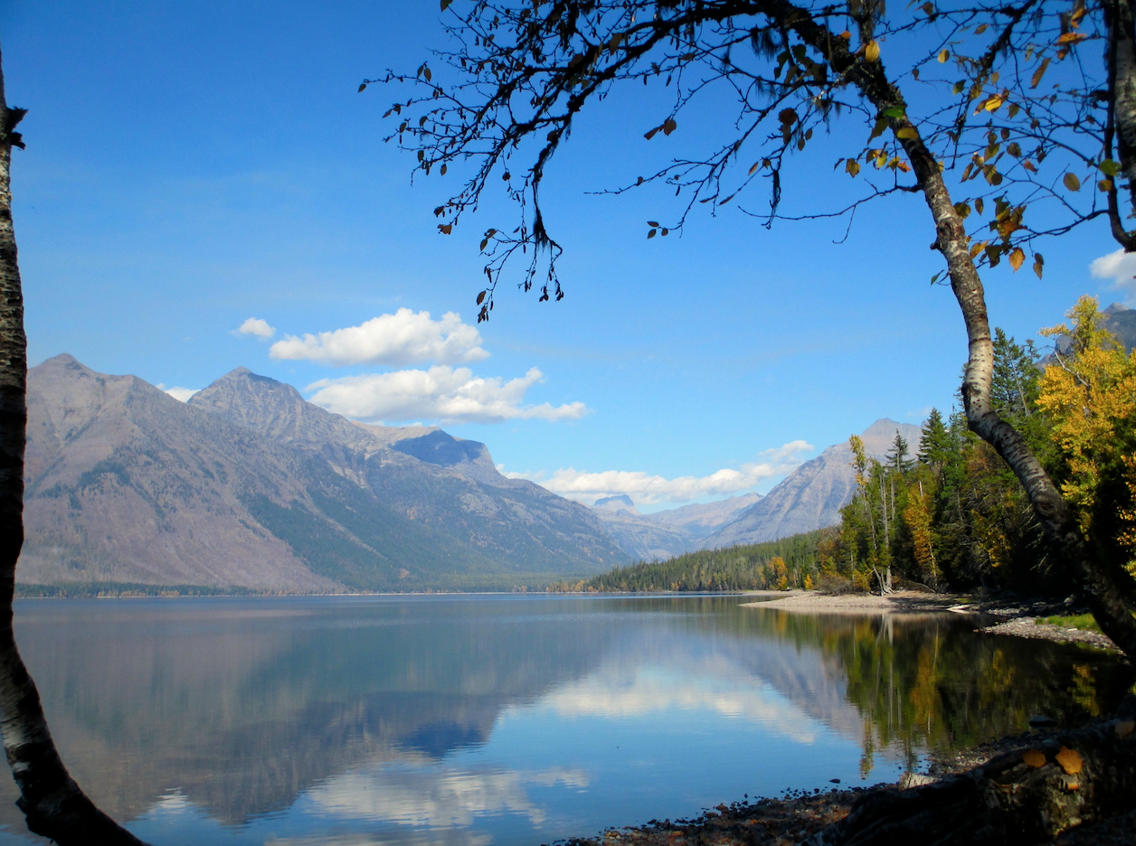A placid lake is framed by trees that have largely lost their leaves. Lining the lake on the right are pine trees and larches. In the background, mountains stretch into the distance beneath a clear sky, though clouds are in evidence in the distance.