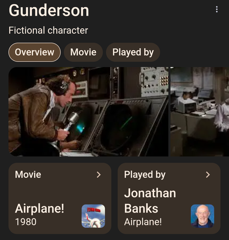 Google card - showing that "Gunderson" from Airplane! was played by Jonathan Banks.