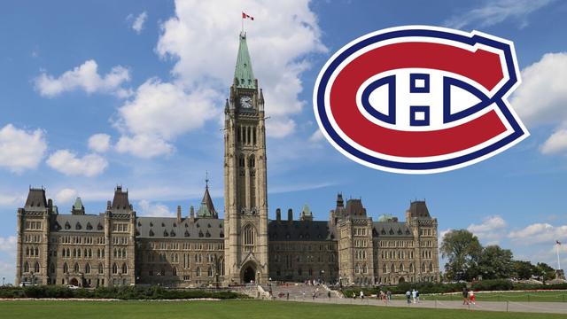 Parliament Hill, Peace Tower in Ottawa and Montreal Canadiens logo
