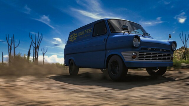 Blue 1965 Ford Transit van with a Vault-Tec emblem from Fallout drifting sideways from the left of the frame to the right on a dirt trail with cactus and blue skies in the background.