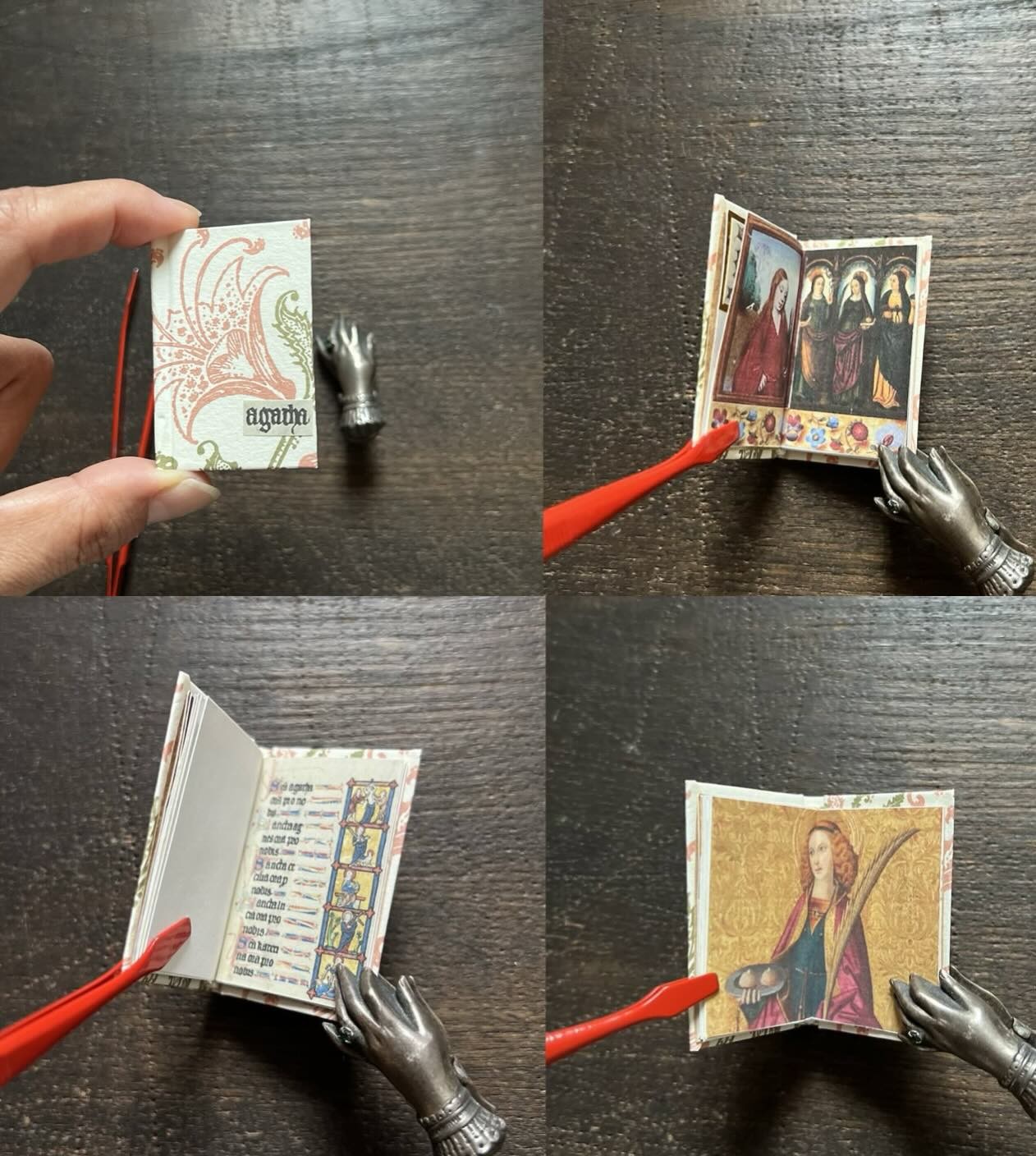 Cover and 3 spreads from a miniature book of St. Agatha. Its size is 3.4cm x 5.0cm, 23 pages. Each spread contains images of Saint Agatha from illuminated manuscripts, paintings, etc.