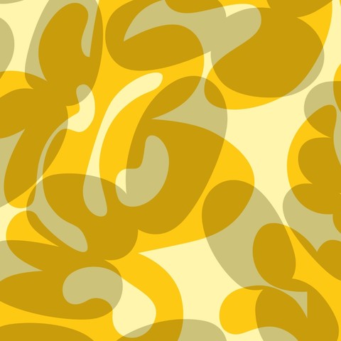 Close-up detail of large-scale abstracted fabric pattern. The pattern is composed of separate, overlapping colour layers in connected lozenge-like shapes. The background colour is pale yellow, the middle layer is greyish-green, and the top layer is semi-transparent marigold yellow.
