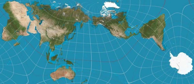 Map of the world, with accurate depiction of land areas, correcting for distortions from previous mapping conventions