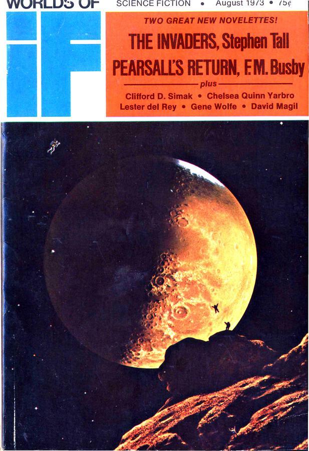 A moon/planet is seen in the distance, half-lit, with a rocky landscape in the foreground. A figure in a space suit is seen against the background of space; two figures are silhouetted against the light side of the planet/moon, one standing on a rock and the other floating with its arms outstretched.
Worlds of IF magazine cover from 1973.
