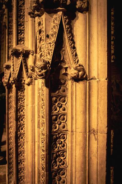 Interior of a gothic cathedral: detail of carved stonework.