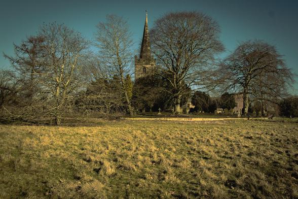 An old church behind some trees at the back of a meadow.