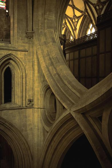 Detail of the cathedral interior showing the famous scissor arches between the nave and the transept.