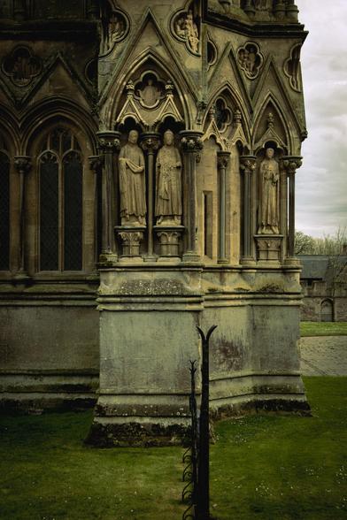 North-west corner of Wells Cathedral showing the first tier of stone saints' statues.