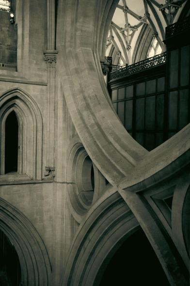 Detail of the famous scissor arches in the gothic Wells Cathedral.