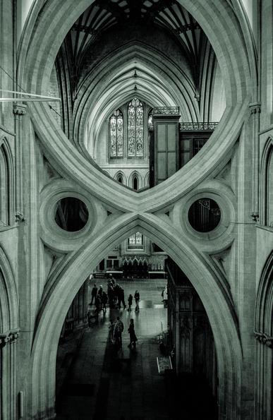 View from high up across the cathedral's transept and its famous scissor archies.