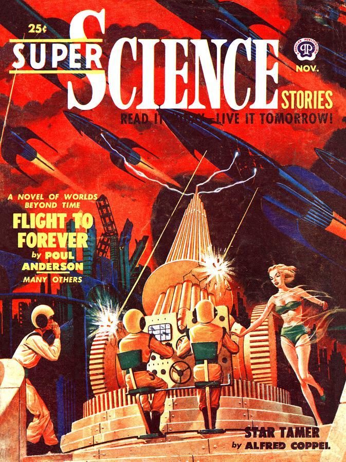 Figures on the ground are using a futuristic anti-aircraft gun to shoot up at multiple rocket ships which are flying across a dark red sky in a partially ruined city. A woman in green bikini-like costume is running in toward them.
Super Science Stories Magazine cover from 1950.
