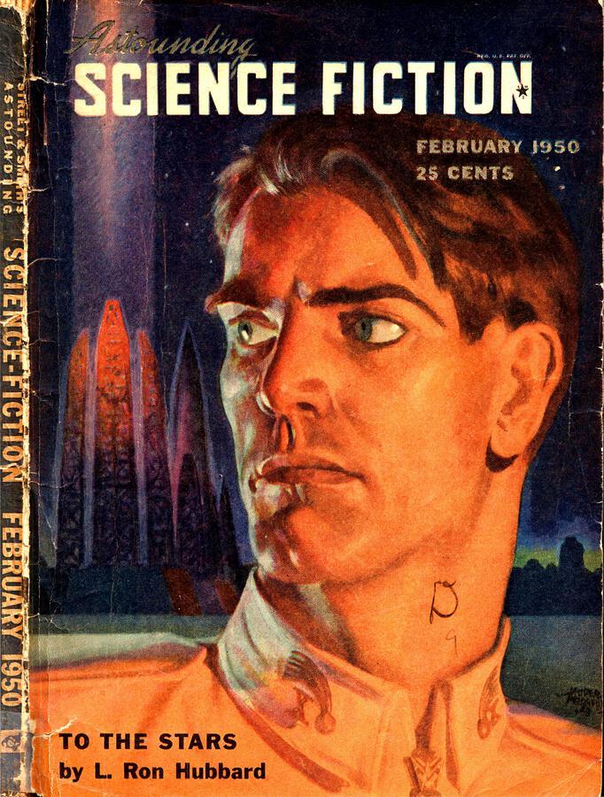 A young man's head and shoulders in closeup, his head dramatically lit and turned one quarter to the right. Behind him is a group of tall towers with light shining either up or down, in the distance.
Astounding Stories magazine cover from 1950.