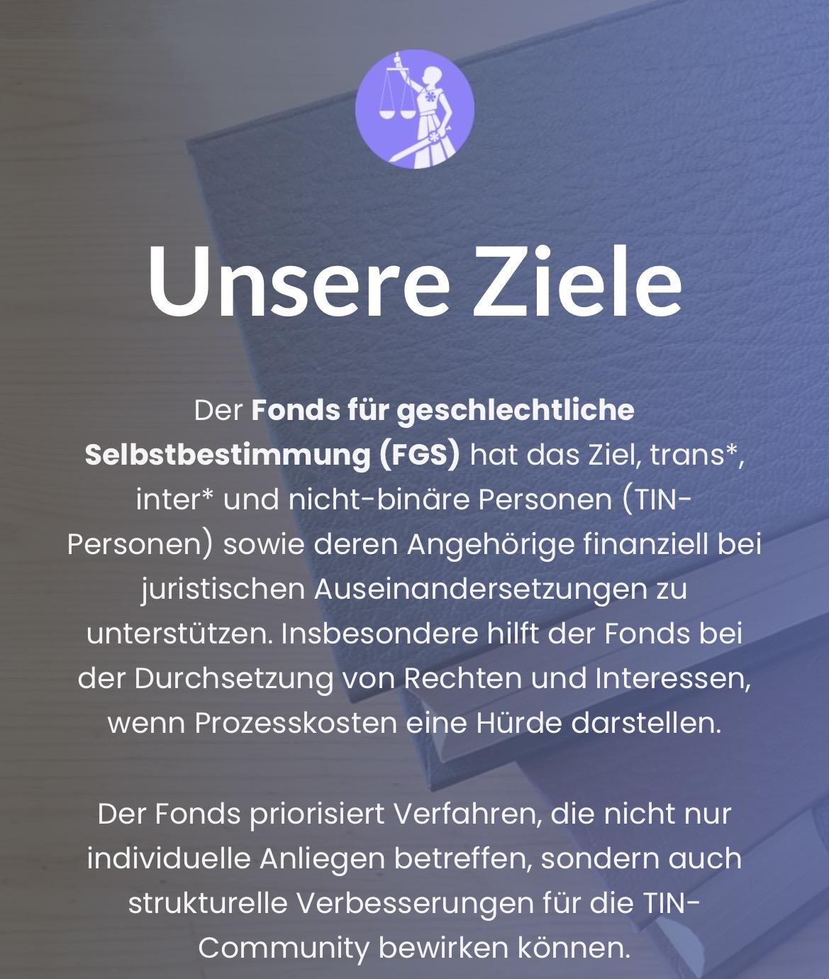 Ein Screenshot von der Webseite des Fonds. Der Text lautet: Unsere Ziele
Der Fonds für geschlechtliche Selbstbestimmung (FGS) hat das Ziel, trans*, inter* und nicht-binäre Personen (TIN-Personen) sowie deren Angehörige finanziell bei juristischen Auseinandersetzungen zu unterstützen. Insbesondere hilft der Fonds bei der Durchsetzung von Rechten und Interessen, wenn Prozesskosten eine Hürde darstellen.
Der Fonds priorisiert Verfahren, die nicht nur individuelle Anliegen betreffen, sondern auch strukturelle Verbesserungen für die TIN-Community bewirken können.