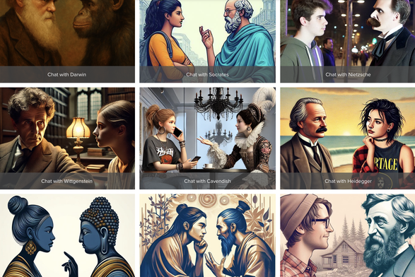 This is a screenshot of some of his AI, which includes Darwin, Socrates,  Nietzsche, Wittgenstein, Cavendish and Heidegger.