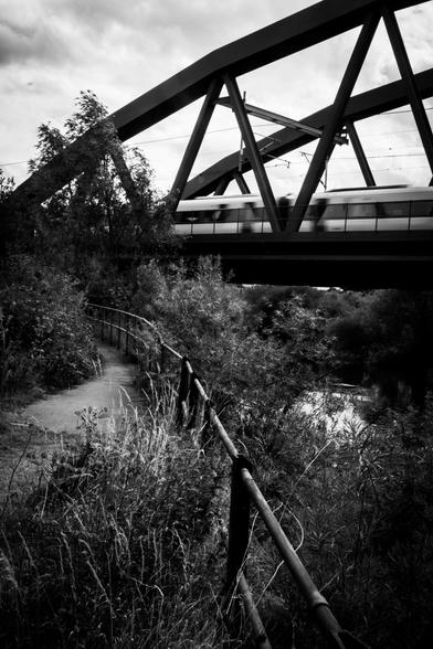 Nature and mechanics: a train speeding past on the railway bridge across a quiet stretch of the river Trent.