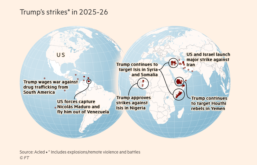 Diagram/Map of the world indicating Trump's recent actions:
Trump wages war against drug trafficking in South America
US Force capture Nicolas Maduro & fly him out of Venezuela
Trump approves strikes against ISIS in Nigeria
Trump continues to target ISIS in Syria & Somalia
US & Israel launch major strike against Iran
Trump continues to target Houthi rebels in Yemen