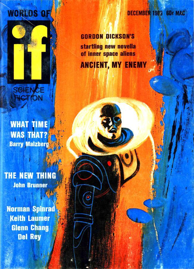 A stylised, brightly-coloured image of a humanoid figure in a suit and helmet, seen in three-quarter angle with one arm reaching out toward the viewer. Plant-like forms are seen to the side.
Worlds of IF magazine cover from 1969.