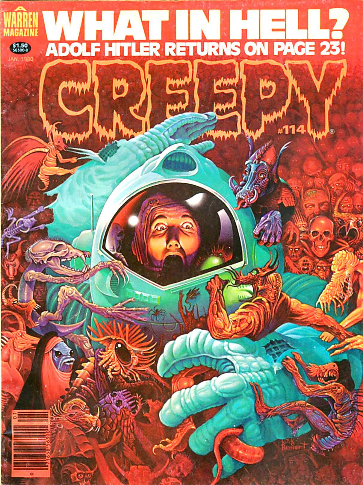 A figure in a glowing-pastel-aqua coloured space suit is beset by hundreds of small creatures/monsters, some of them skeletons.
Creepy magazine cover January 1980.