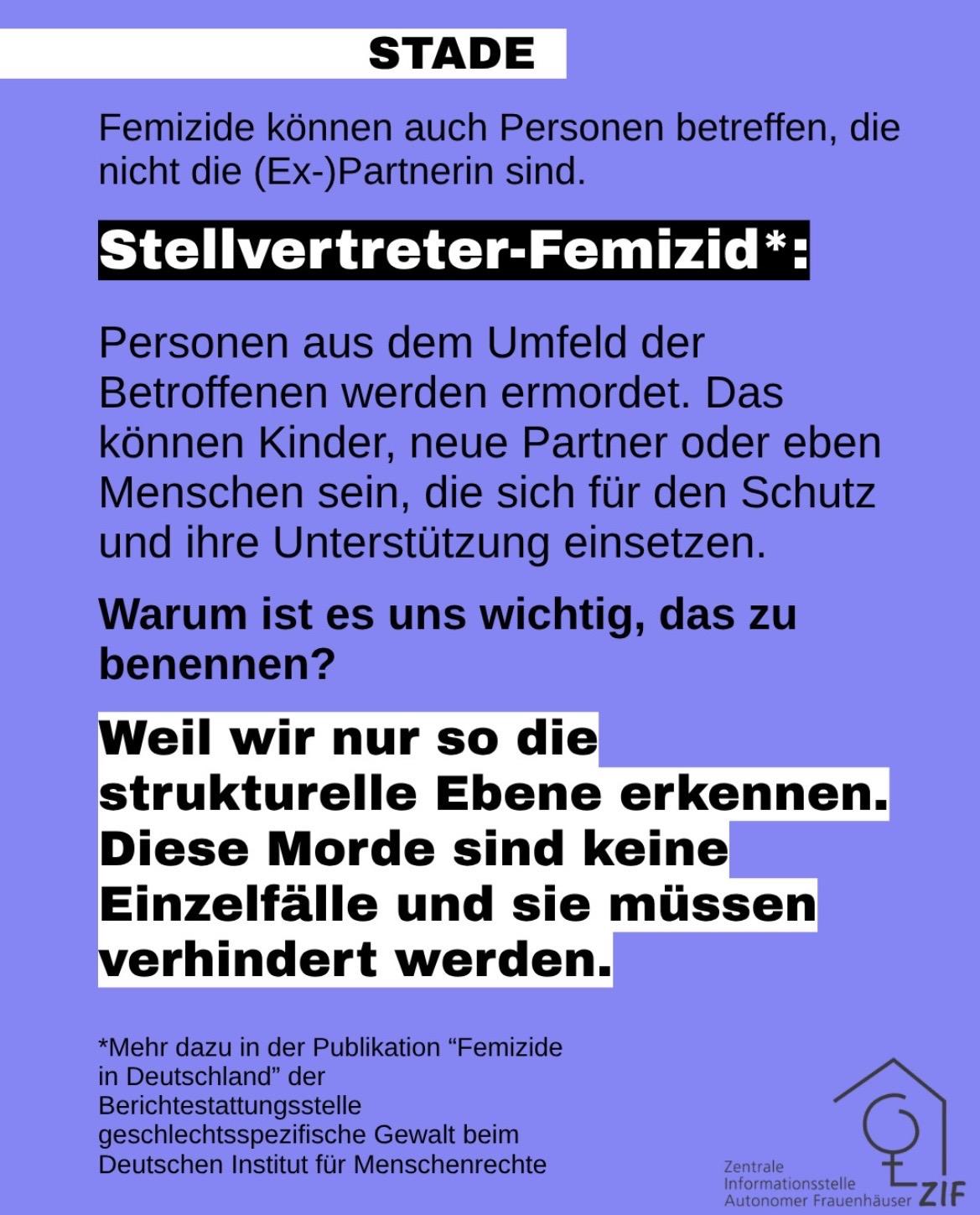 Eine lilafarbene Social-Media-Kachel mit schwarzem Text zur Tat in Stade. In der unteren rechten Ecke ist das Logo der zentralen Informationsstelle autonomer Frauenhäuser (ein angedeutetes Haus über einem Weiblichkeitssymbol). Der Text lautet: Femizide können auch Personen betreffen, die nicht die (Ex-)Partnerin sind. Stellvertreter-Femizid*: Personen aus dem Umfeld der Betroffenen werden ermordet. Das können Kinder, neue Partner oder eben Menschen sein, die sich für den Schutz und ihre Unterstützung einsetzen. Warum ist es wichtig, das zu benennen? Weil wir nur so die strukturelle Ebene erkennen. Diese Morde sind keine Einzelfälle und sie müssen verhindert werden. *Mehr dazu in der Publikation „Femizide in Deutschland“ der Beratungsstelle geschlechtsspezifische Gewalt beim Deutschen Institut für Menschenrechte