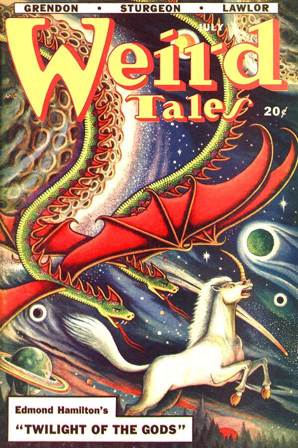 A unicorn with its horn coming from its snout, and two flying snakes with bat-like wings, move across the cover agains a sky full of Van-Gogh-esque planets and stars moving in different directions. Planets with pomegranate-seed lumps on them are close by.
Weird Tales magazine cover from 1948.
