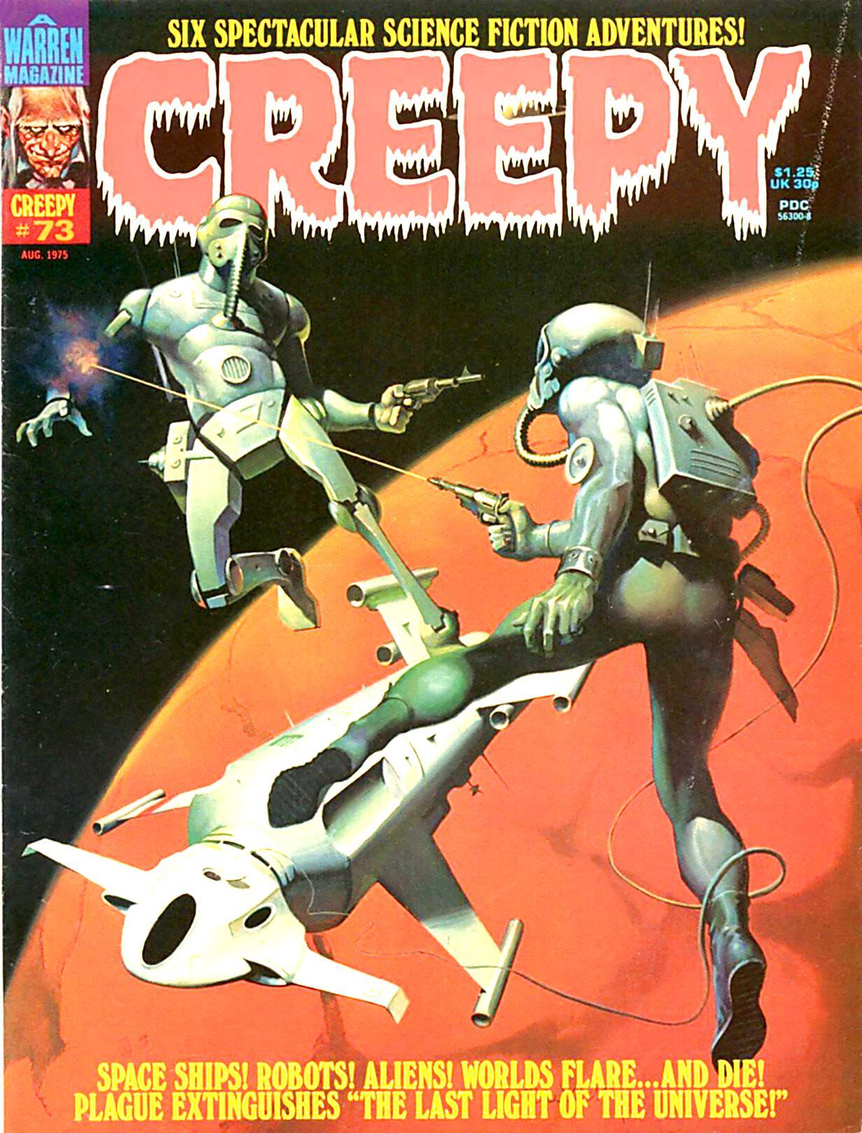 A human-looking figure is closest to us, seen from behind as they fire at a robot/android facing them from a couple of metres away with its own pistol. A spaceship is somewhere beneath them and a red planet far below.
Creepy magazine cover August 1975.