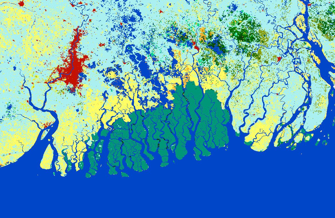 Landclass sample image. Multiple bright colours abound. Sundarbans.