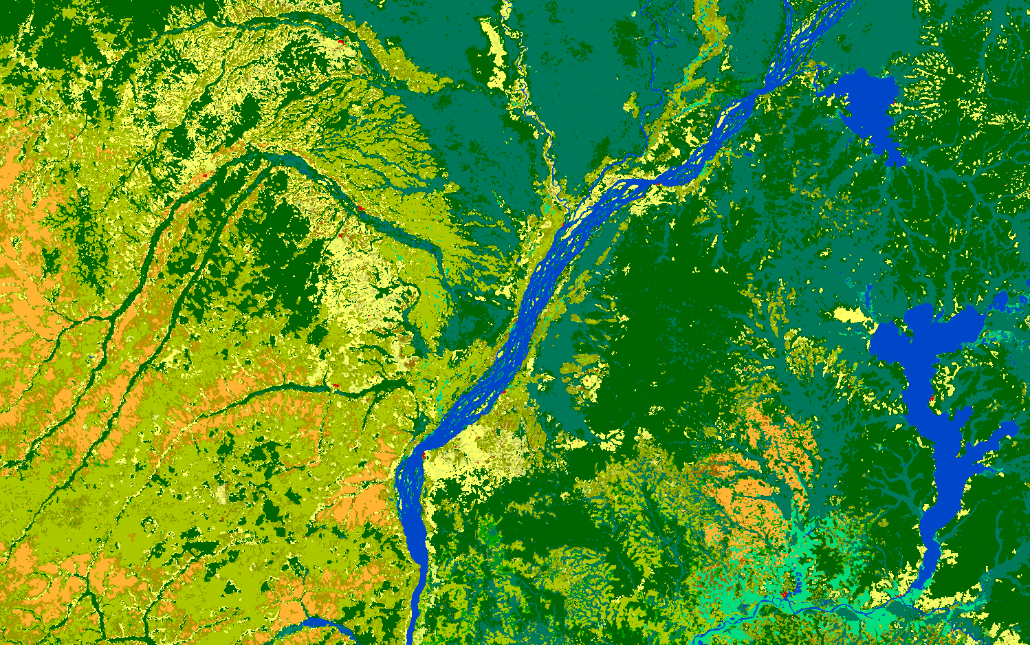 Landclass sample image. Multiple bright colours abound. Part of the Congo river basin